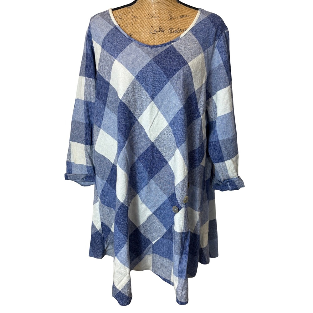 Ali Miles Asymmetric Tunic Blue Gingham Check Cotton Linen Lagenlook Size‎ XL
